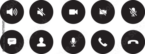 A collection of essential communication and multimedia control icons for modern interfaces
