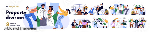 Property division set. Lawyer, court for agreement in argument. Divorced couple in conflict over real estate, business, dividing house, money. Flat vector illustration isolated on white background
