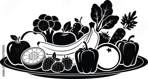 Stylized black and white illustration depicting a diverse arrangement of fresh fruits and vegetables served together on a platter