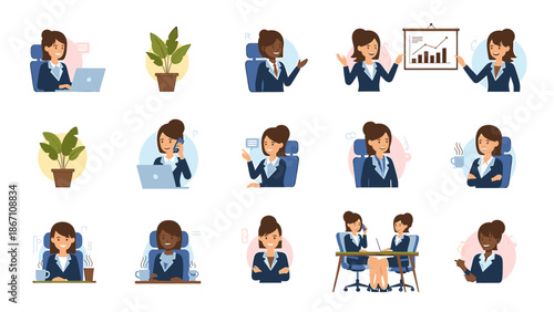 Business Woman Icon Set Diverse Professional Characters in Various Office Scenarios
