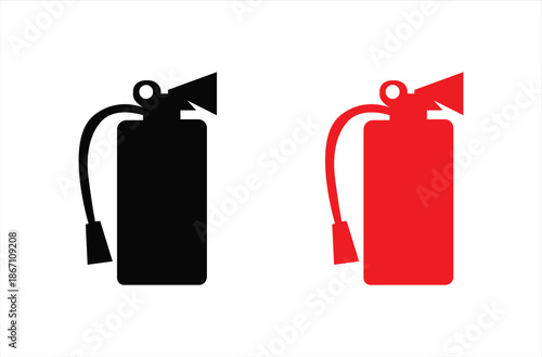 Set of fire extinguisher icons in black and red for fire protection and emergency safety signage.