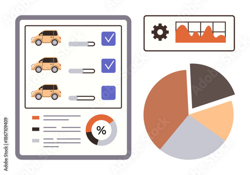 Vehicle selection, business planning, data analysis, decision-making, operational management, resource allocation. Checklist with cars and checkboxes, pie chart, gear icon with analytics graph