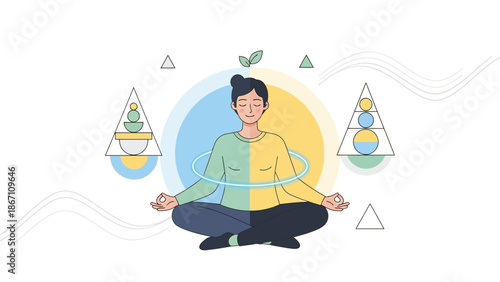 A serene person meditates in lotus position surrounded by harmonious geometric shapes and soothing colors