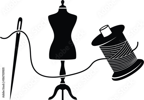 Dress form sewing and tailoring.  Classic dress form with mannequin, sewing needle, spool of thread vector illustration silhouette. 