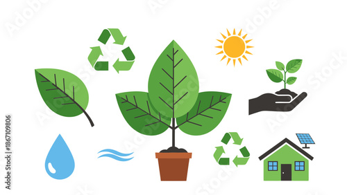 Eco friendly living concept with green plants recycling symbols and solar panel on house