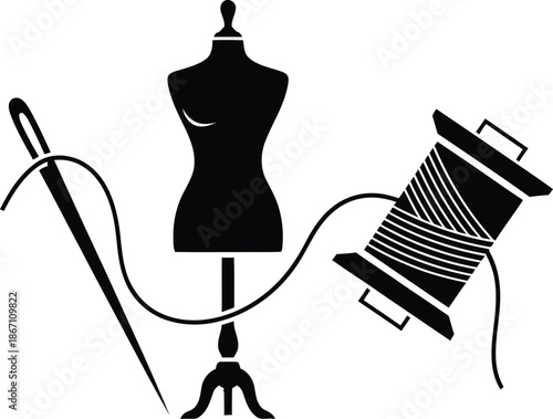 Dress form sewing and tailoring.  Classic dress form with mannequin, sewing needle, spool of thread vector illustration silhouette. 
