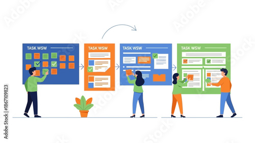 People working together on task management boards with checklists and workflow diagrams in a collaborative office