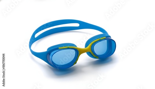 blue swimming goggles with yellow strip isolated on white background. sport equipment