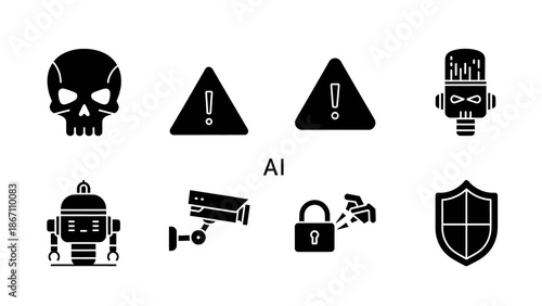 Security Icons and Artificial Intelligence Concepts Surveillance, Threats, and Protection