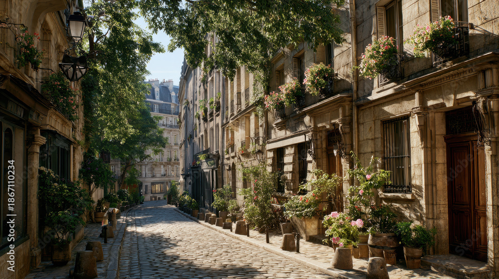 Fototapeta premium Montmartre cobblestone street with blooming flowers and lamppost
