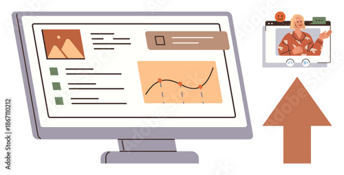 Data analysis, remote work, video communication, online education, web development, user interface. A desktop screen shows graphs and a virtual meeting window. Data analysis and remote work concept