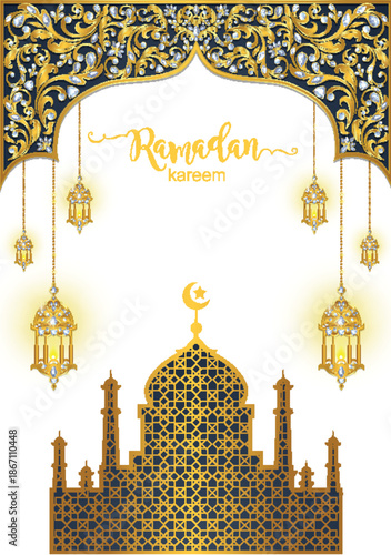 Ramadan kareem background with golden mosque and lanterns