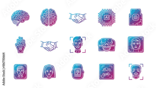 Artificial Intelligence and Technology Icons Brain, Face Recognition, and Robotics