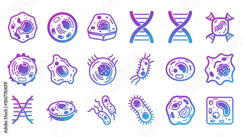 Illustrative ensemble of diverse microbiological elements, showcasing intricate cells, DNA, and varied bacteria forms in vibrant line art
