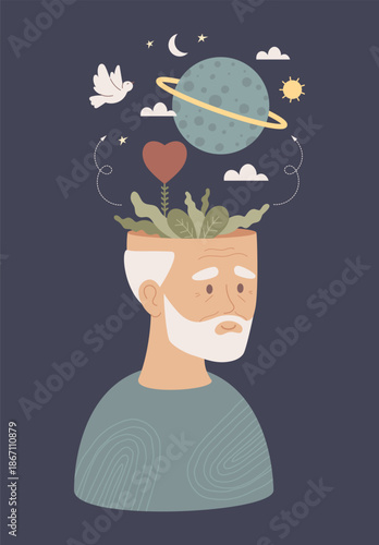 Senior Man Cosmic Wisdom and Mental Wellness. Elderly Gray-Haired Male with Universe Planet and Peace Dove. Concept for Spiritual Growth Mindfulness and Health Awareness Vector Illustration Not AI