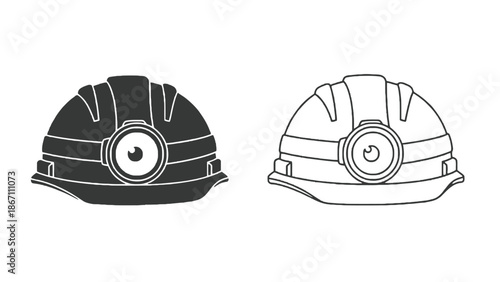Two mining helmets with headlamps on a clean white background