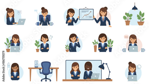 Professional Businesswoman Icon Set - Diverse Characters in Office Settings