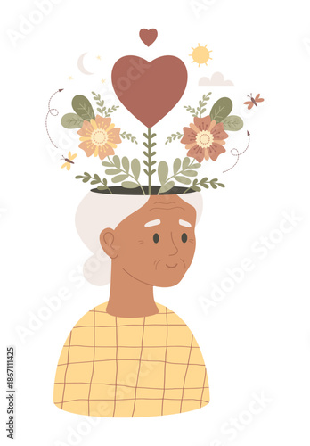 Mental Health. Black Elderly Woman with Flowers and Heart from her head. Senior Peace of Mind and Wellness, Positive Mindset, emotional well-being. Vector Flat Illustration Not AI