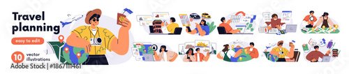 Travel plan, trip itinerary, tourism concept set. Tourists booking hotel, buying ticket, searching route. Vacation tour preparation, organization. Flat vector illustration isolated on white background