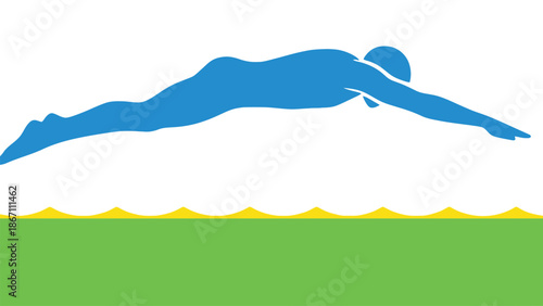 A person in a diving motion above a green and yellow landscape