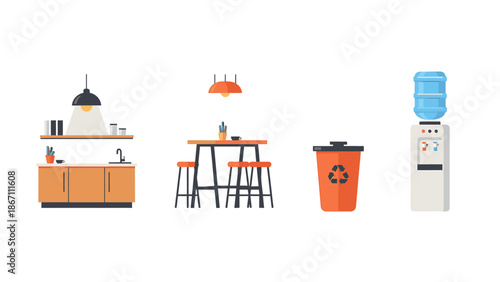 Contemporary workplace facilities with pantry, casual dining furniture, waste separation, and hydration station