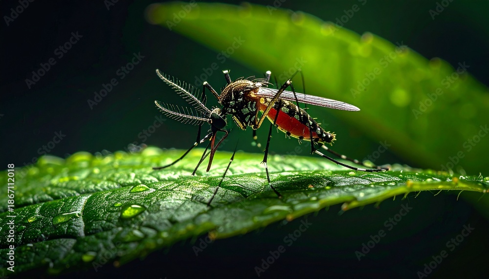 Fototapeta premium Close-up of a mosquito on a green leaf, showcasing its intricate details and environment.
