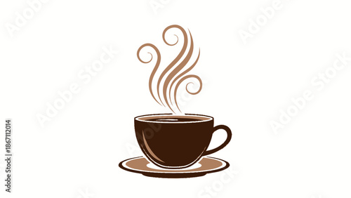 A steaming cup of coffee on a saucer, with decorative swirls of steam rising from the hot beverage.