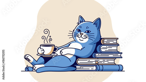 A relaxed blue cat is lounging on a stack of books, holding a steaming cup of coffee.