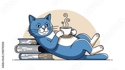 A blue cat is relaxing on a stack of books while holding a cup of coffee.