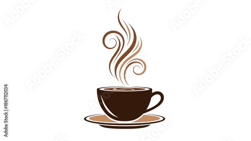 A steaming cup of hot coffee with decorative swirls of steam rising above it.