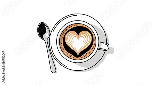 Overhead view of a white cup of coffee with latte art in the shape of a heart and a spoon on a saucer.