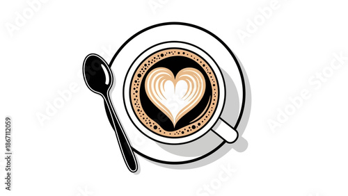 A top-down view of a steaming cup of coffee with latte art in the shape of a heart, accompanied by a spoon on a saucer.
