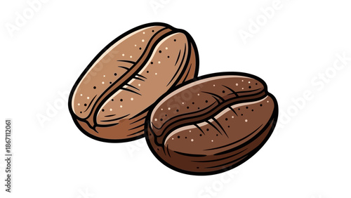 Two roasted coffee beans, one lighter brown and the other darker brown, with a visible central split.