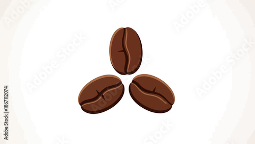 Three roasted coffee beans arranged in a triangular formation on a white background.