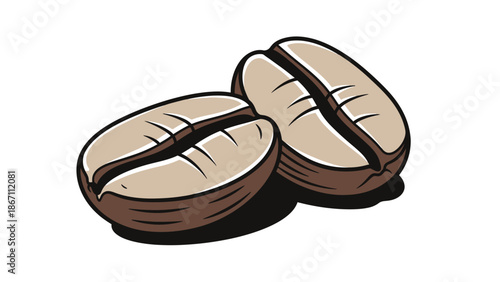 Two stylized coffee beans with a prominent central split, rendered in a cartoonish, illustrative style.