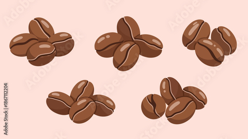 A collection of five small piles of roasted coffee beans, each bean showing its characteristic split and rich brown color, set against a soft pink background.