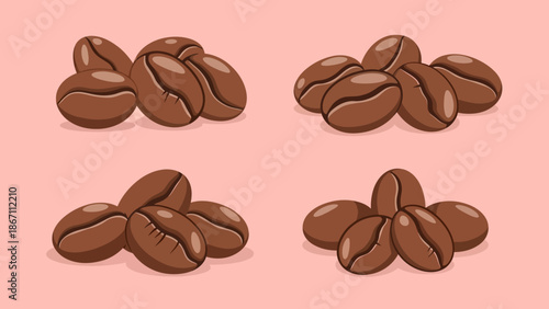 Four piles of roasted coffee beans, each with a distinct arrangement, against a soft pink background.