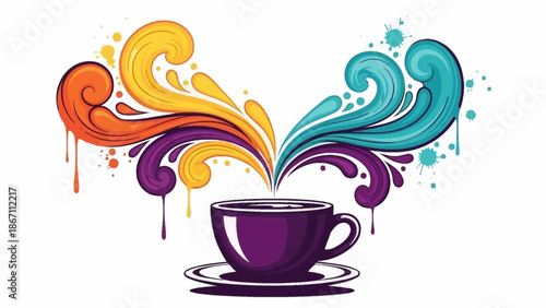 A vibrant purple teacup and saucer with colorful, abstract steam swirling upwards, creating a sense of energy and creativity.