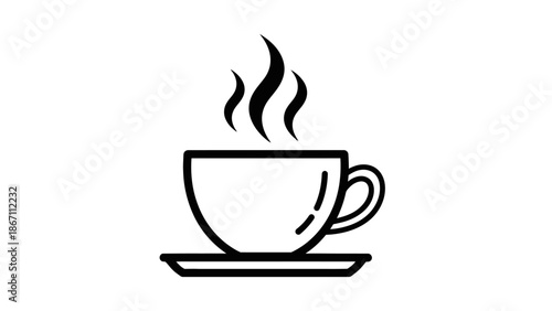 A simple black and white line drawing of a steaming cup of coffee on a saucer.