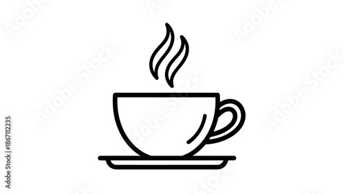 A simple black and white line drawing of a steaming cup of coffee on a saucer.