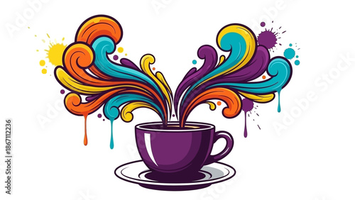 A vibrant and colorful explosion of abstract shapes and splatters erupting from a purple coffee cup.