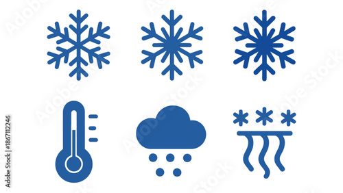 A collection of weather icons depicting snow, rain, and temperature on a white background