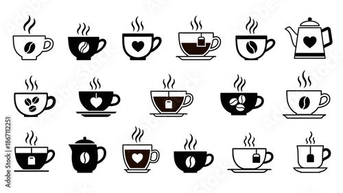 Collection of various steaming cups of coffee and tea, along with teapots, featuring simple black and white line art designs.