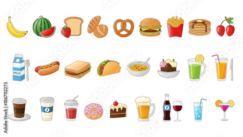 A vibrant collection of various food and drink items arranged in rows, showcasing a diverse range of culinary delights.