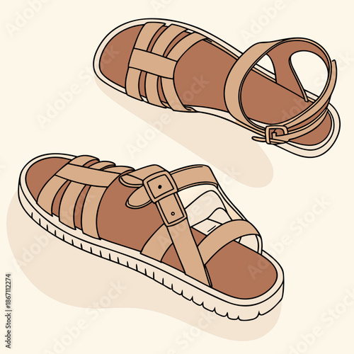 Brown leather sandals folded neatly on a white background