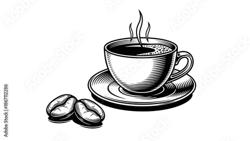 A steaming cup of black coffee sits on a saucer next to two coffee beans, rendered in a classic black and white illustration style.