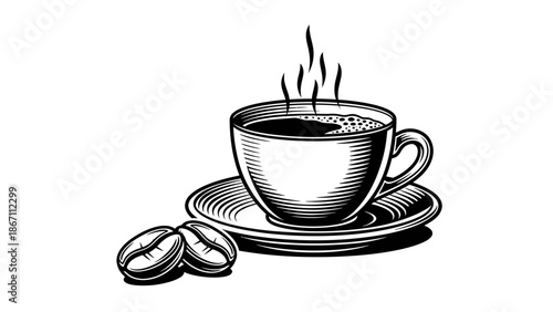 A steaming cup of coffee with two coffee beans on a saucer, rendered in a classic black and white illustration style.