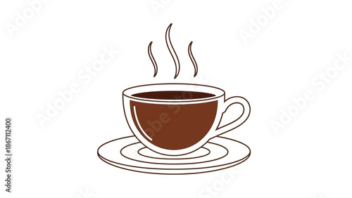 A steaming cup of hot coffee sits on a saucer, with wisps of steam rising from the dark liquid.