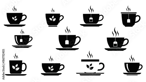 A collection of black and white illustrations of various tea cups and saucers with steaming tea bags.