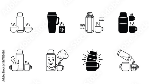 A collection of various coffee thermos and cup icons in different styles and colors
